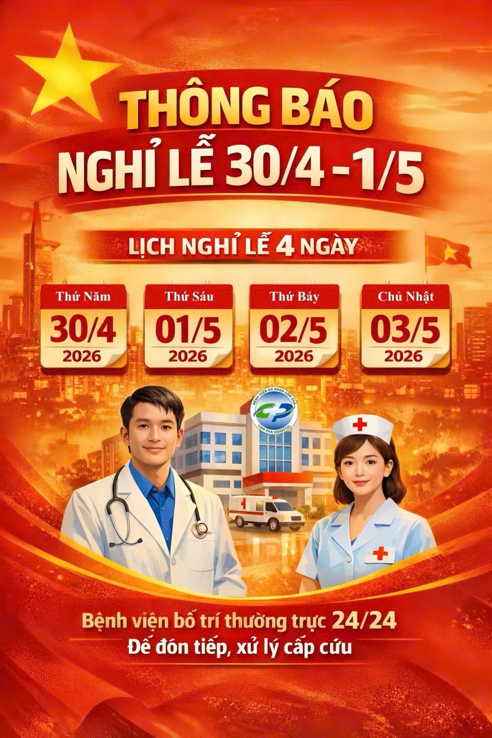 Bệnh viện đa khoa Cẩm Phả thông báo lịch nghỉ lễ 30/4 và 01/5 năm 2026