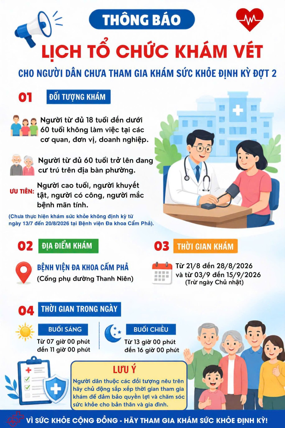 Thông báo lịch tổ chức khám vét cho người dân chưa tham gia khám sức khoẻ định kỳ đợt 2
