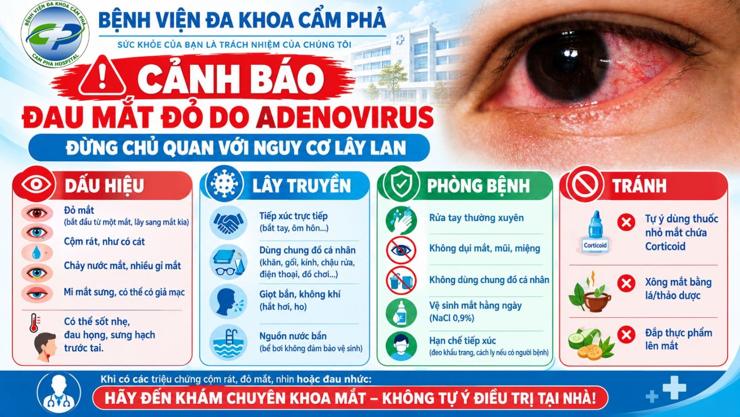 Cảnh báo: Bệnh đau mắt đỏ do ADENOVIRUS - Đừng chủ quan với nguy cơ lây lan thành dịch!