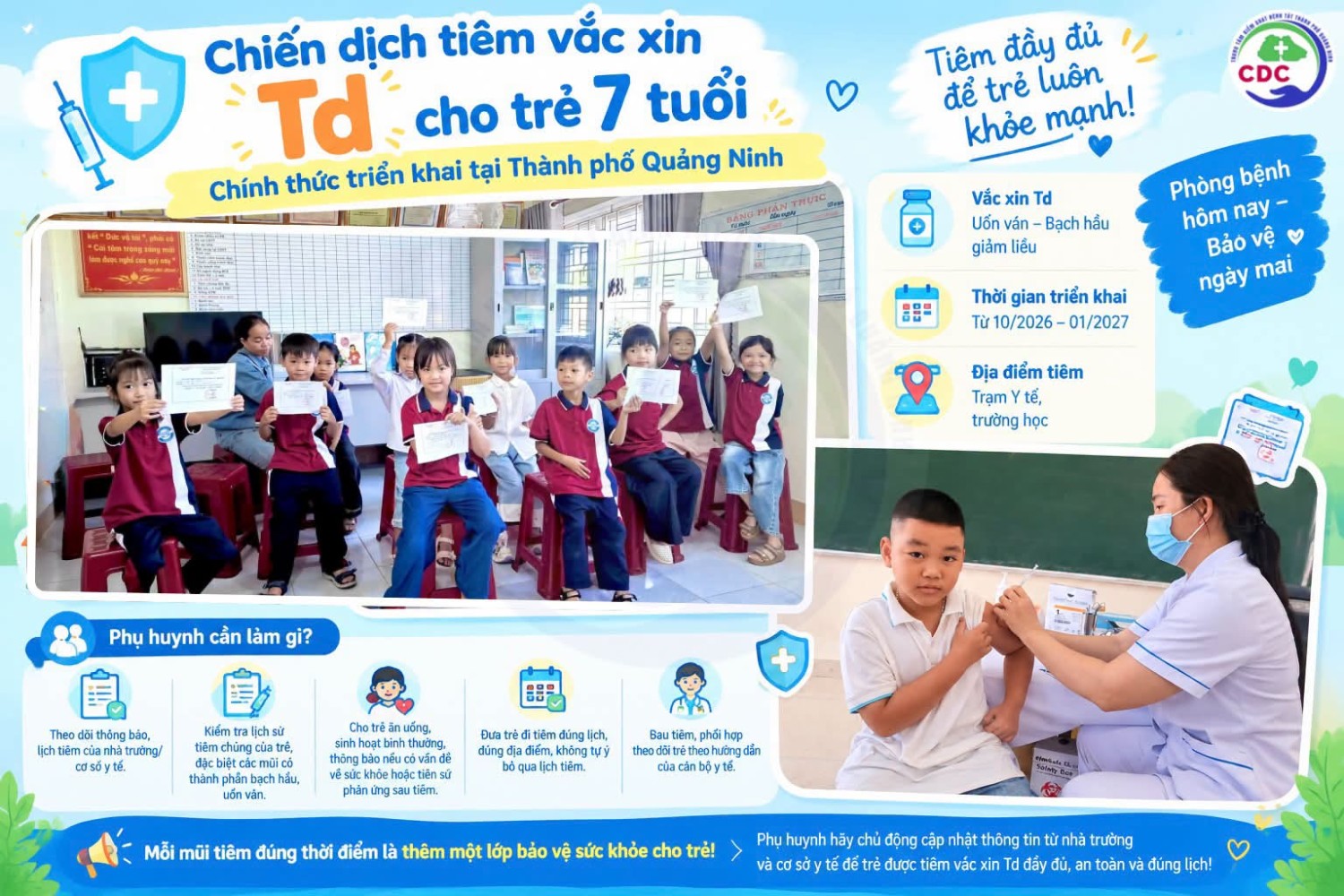Chiến dịch t.i.ê.m v.ắ.c x.i.n Td cho trẻ 7 tuổi chính thức triển khai trên địa bàn Thành phố Quảng Ninh